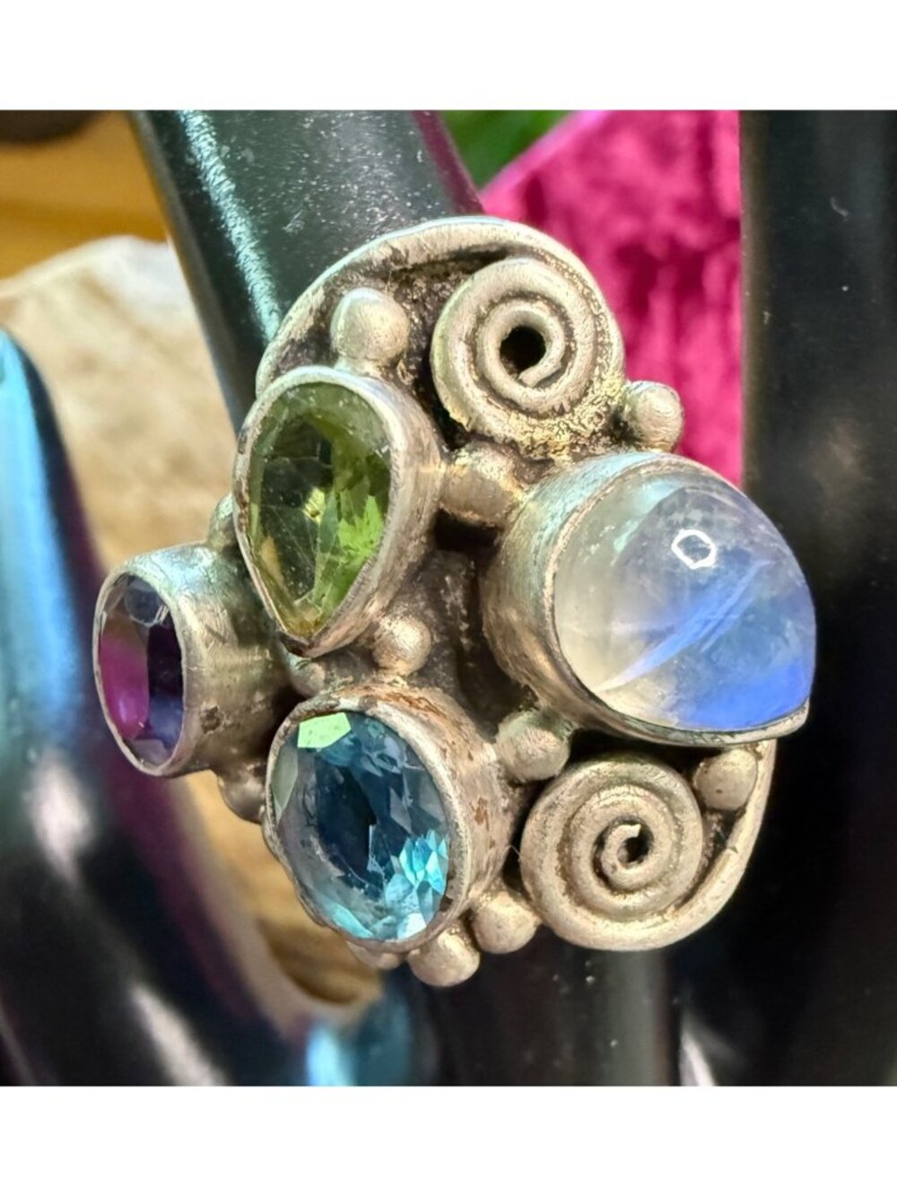 Vintage Peridot Topaz Amethyst Moonstone Adjustable Sterling Silver Ring Handmad